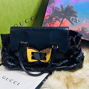 Gucci Black Patent Leather Bag with Gold Bow Buckle w Cert of Authenticity